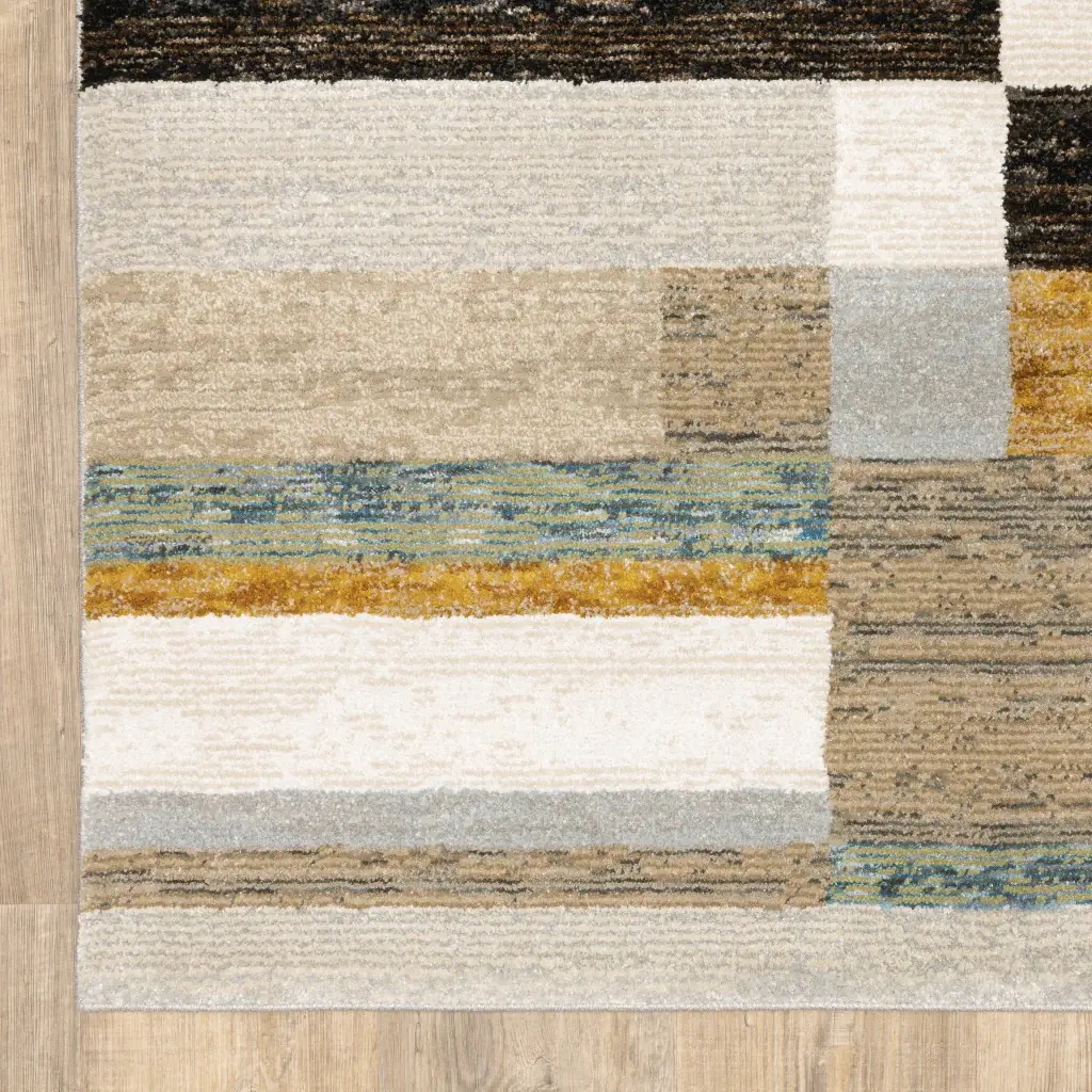 7' X 10' Beige Gold Black Grey Tan Teal and Rust Geometric Power Loom Area Rug - Image 3