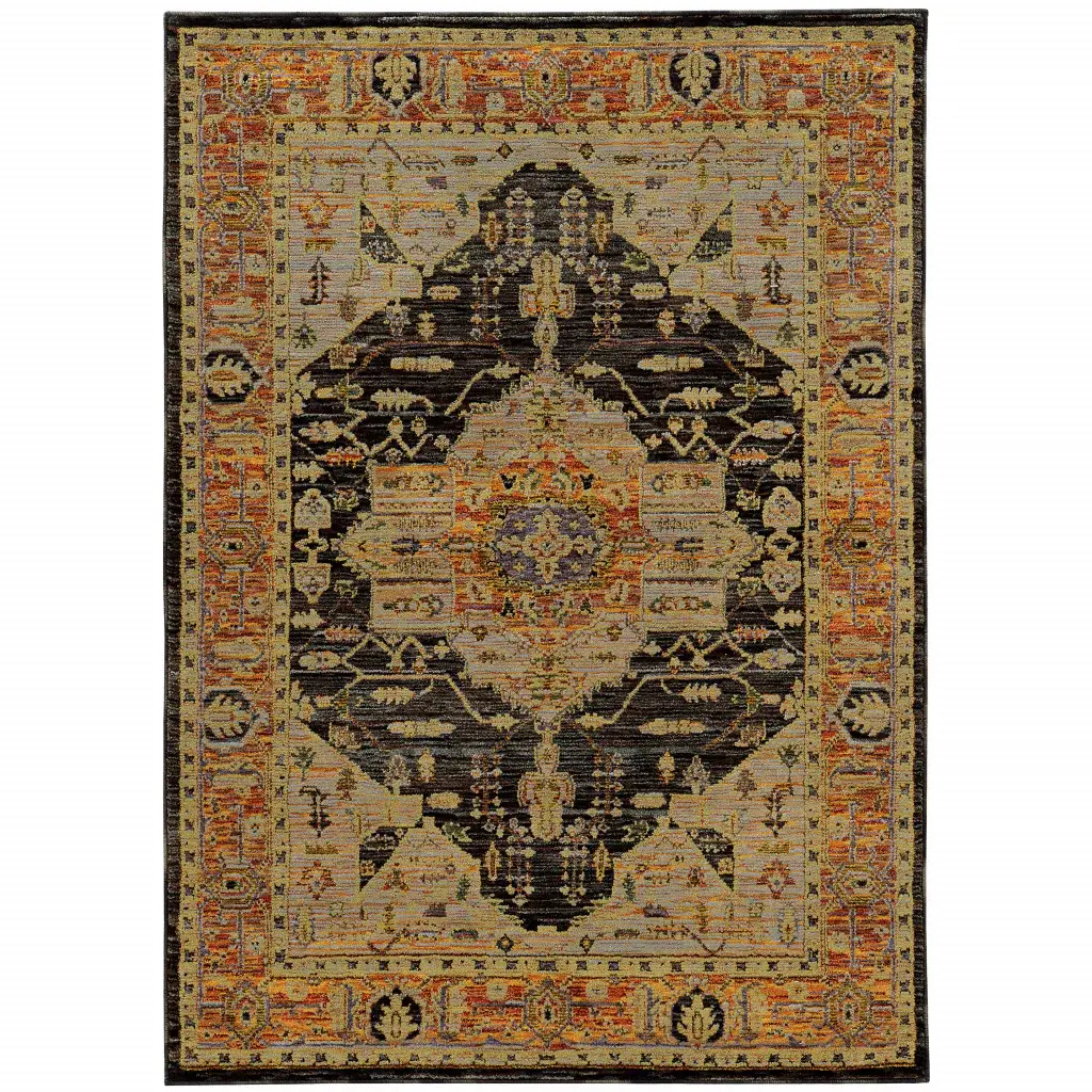 7' X 10' Black and Gold Oriental Power Loom Area Rug - Image 2