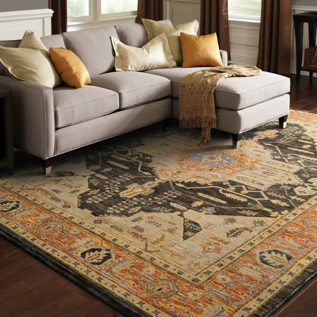 7' X 10' Black and Gold Oriental Power Loom Area Rug - Image 5