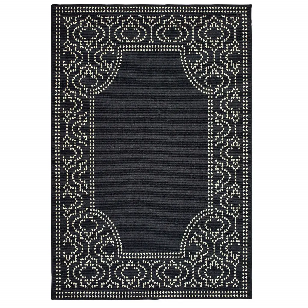 7' X 10' Black and Ivory Stain Resistant Indoor Outdoor Area Rug