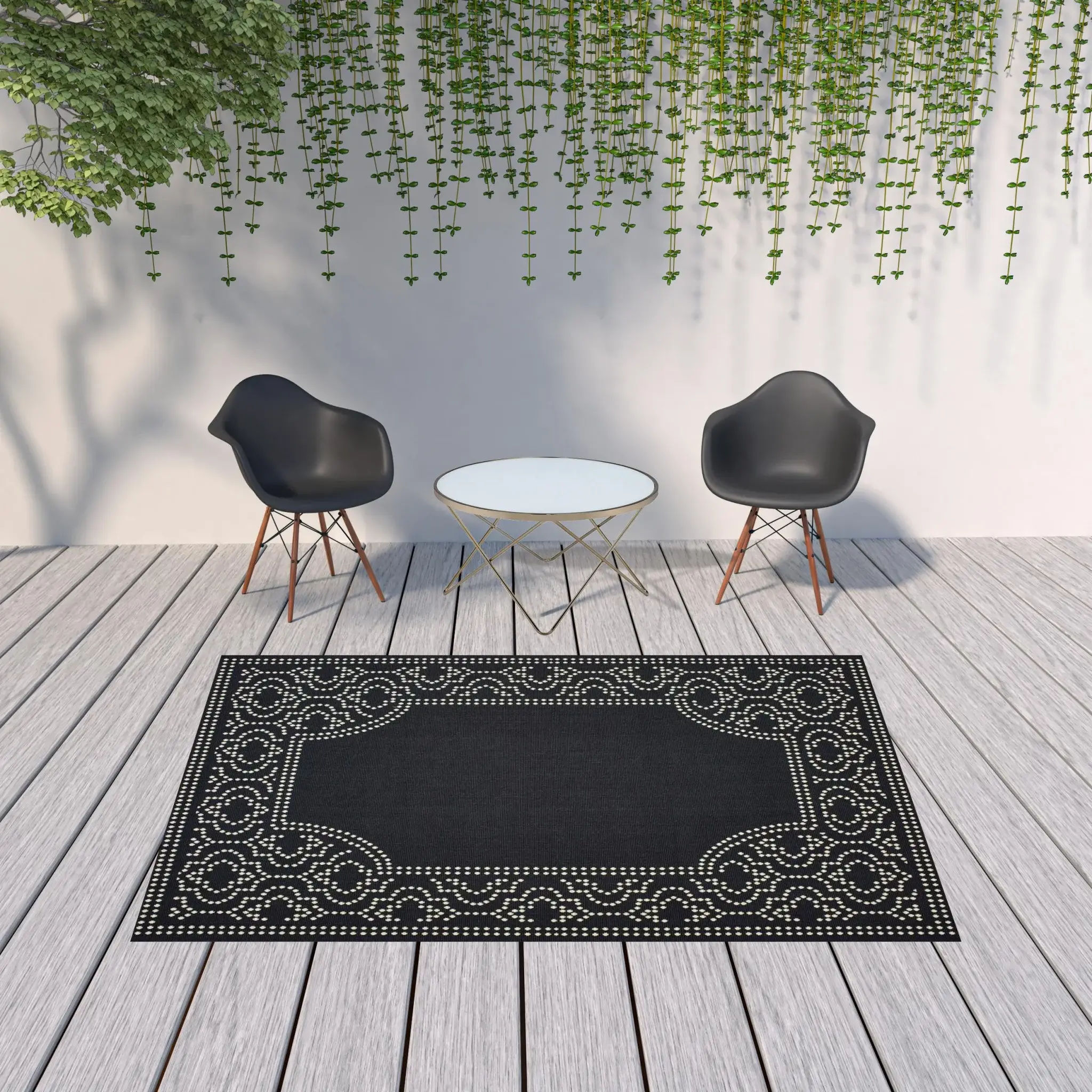7' X 10' Black and Ivory Stain Resistant Indoor Outdoor Area Rug - Image 2