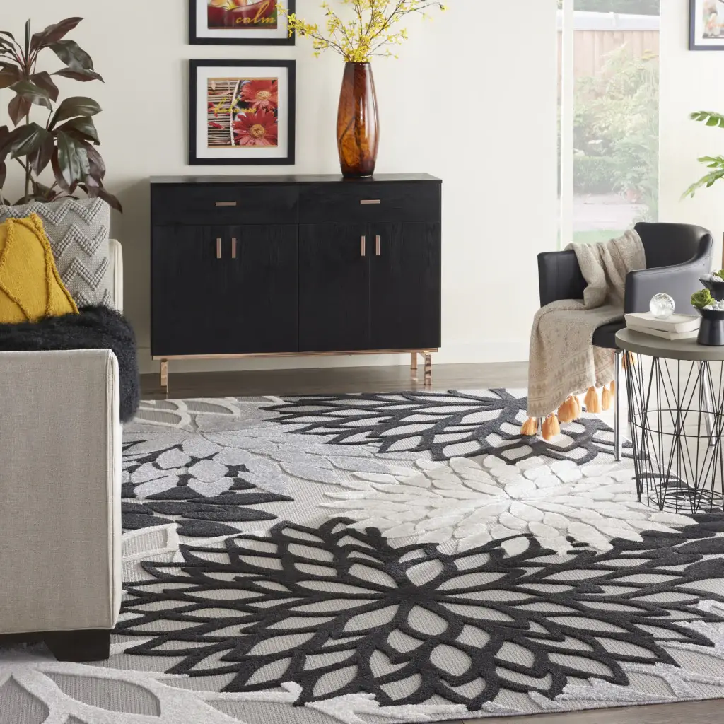 7' X 10' Black White Floral Indoor Outdoor Area Rug - Image 6