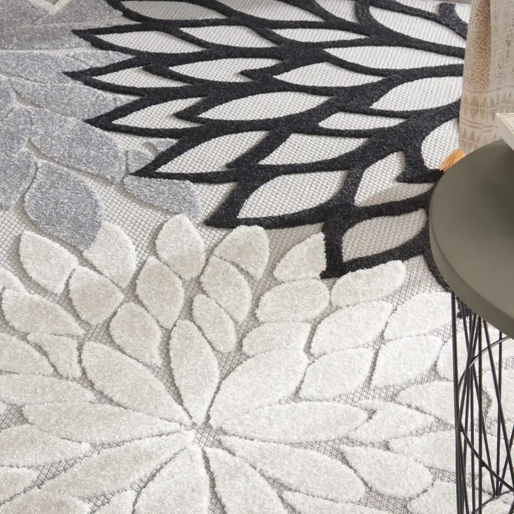 7' X 10' Black White Floral Indoor Outdoor Area Rug - Image 7