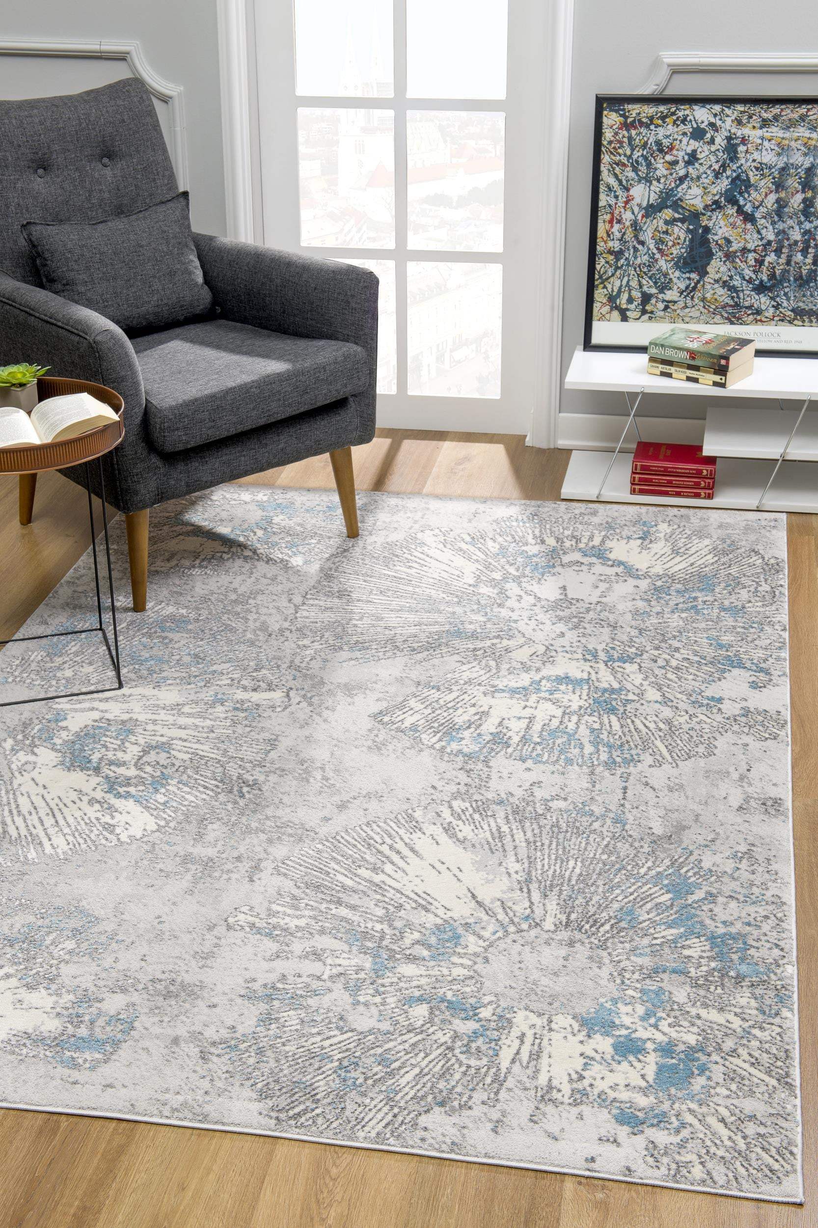 7' X 10' Blue Abstract Circular Motifs Area Rug - Image 4