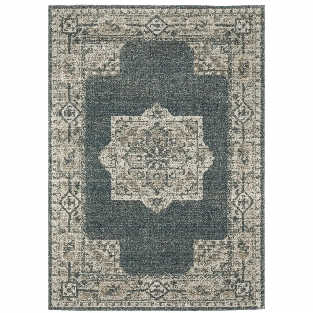 7' X 10' Blue and Beige Oriental Power Loom Area Rug - Image 2