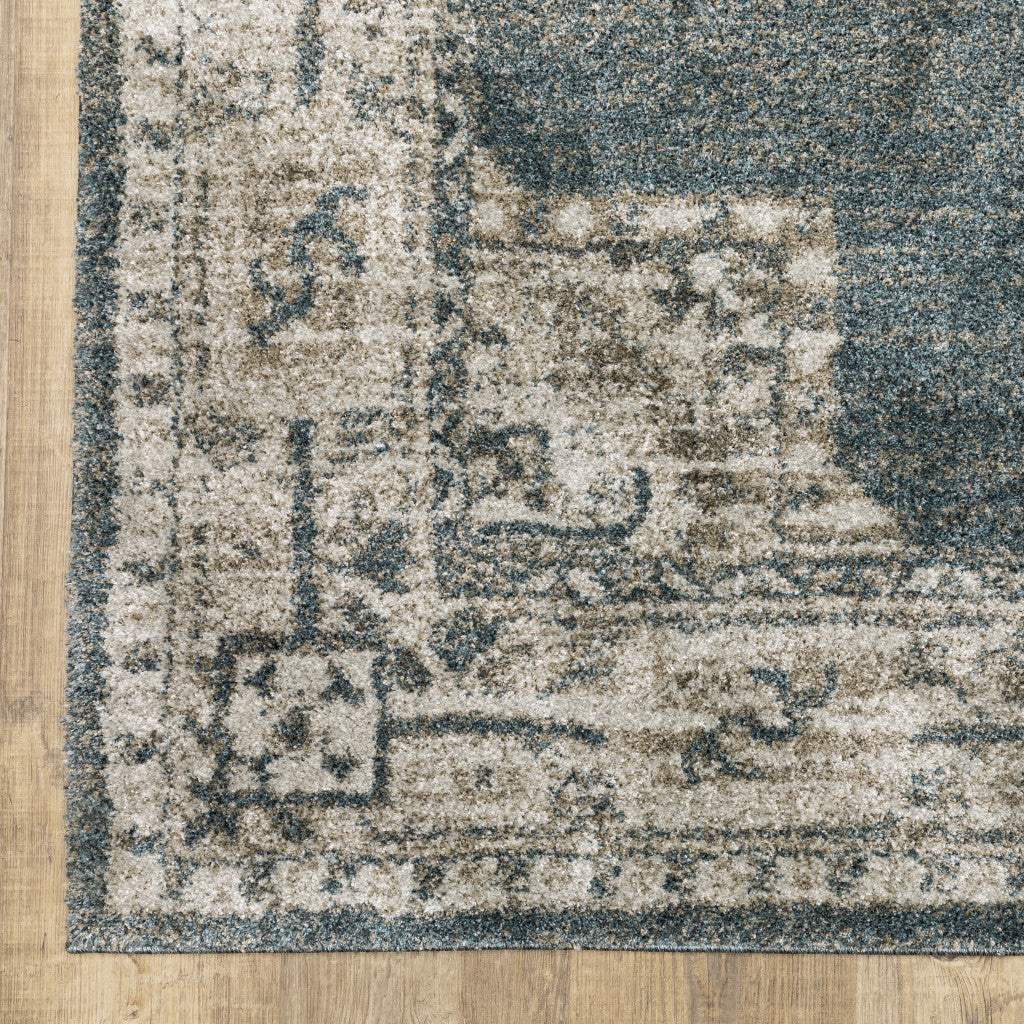 7' X 10' Blue and Beige Oriental Power Loom Area Rug - Image 4