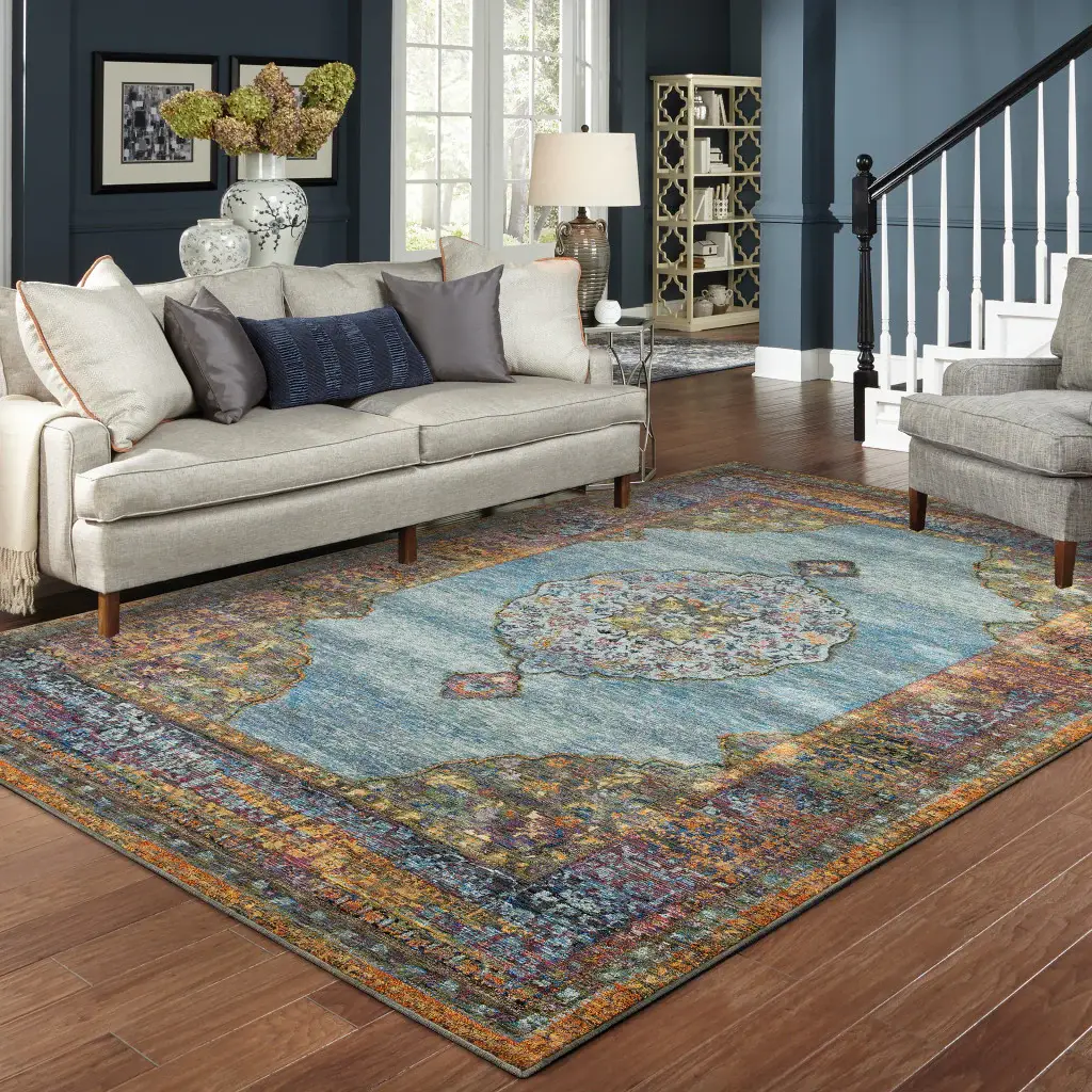 7' X 10' Blue and Beige Oriental Power Loom Area Rug - Image 6