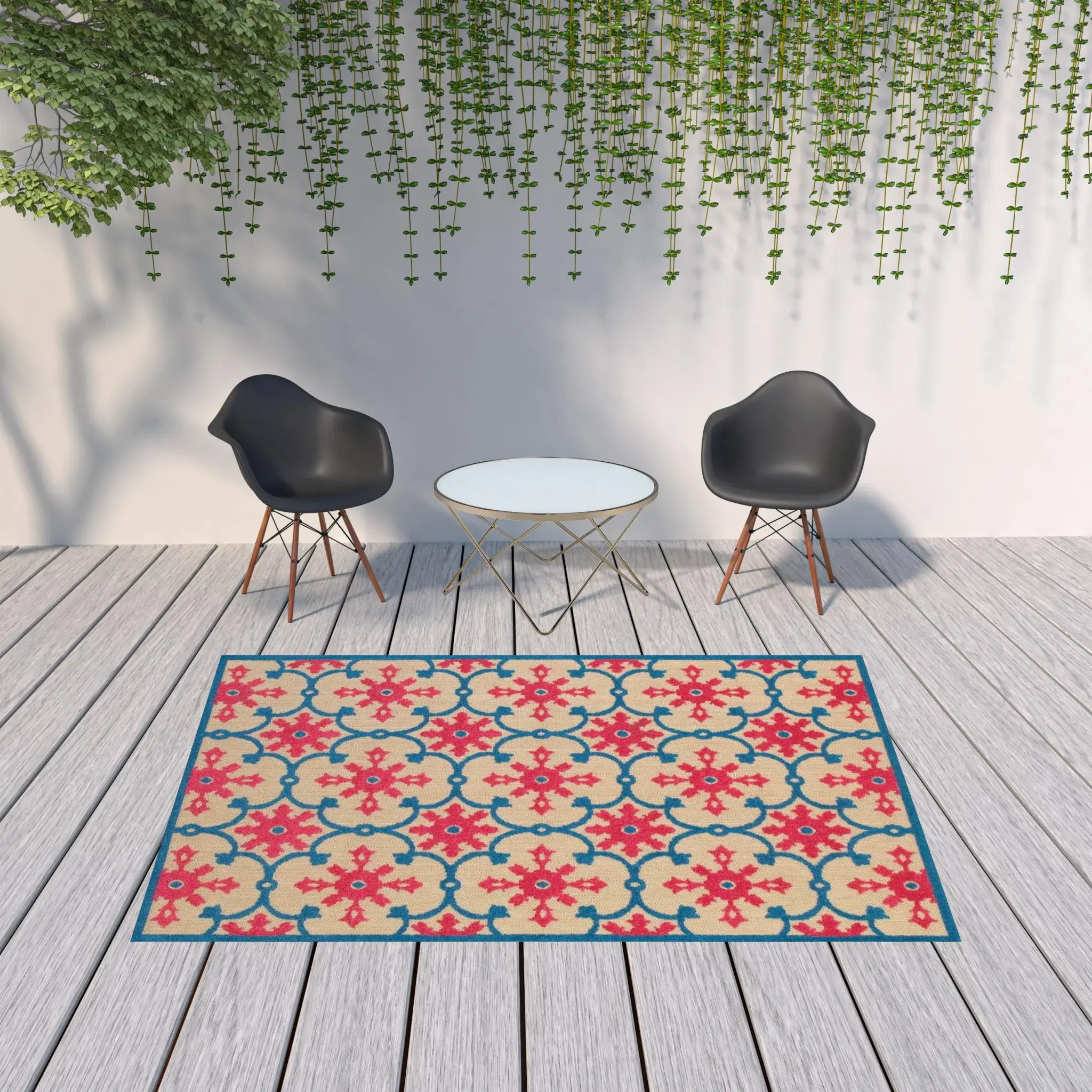 7' X 10' Blue and Beige Oriental Stain Resistant Indoor Outdoor Area Rug - Image 2