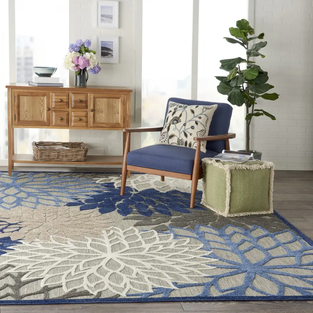 7' X 10' Blue And Gray Floral Indoor Outdoor Area Rug - Image 4