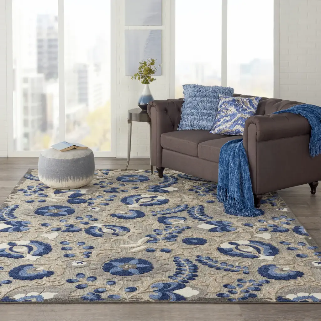 7' X 10' Blue And Gray Floral Indoor Outdoor Area Rug - Image 2