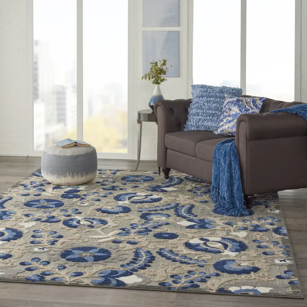 7' X 10' Blue And Gray Floral Indoor Outdoor Area Rug - Image 4