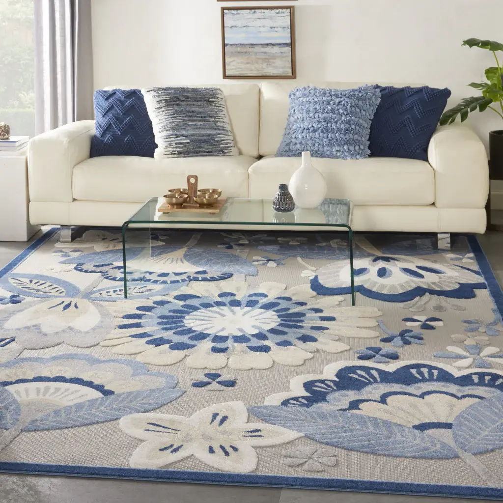 7' X 10' Blue And Gray Floral Indoor Outdoor Area Rug - Image 6
