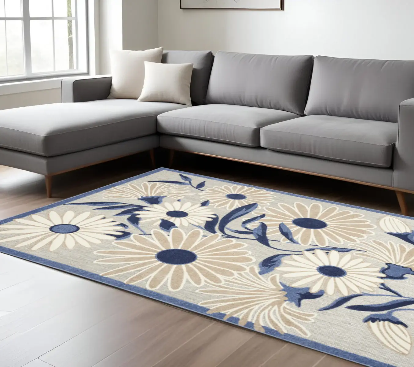 7' X 10' Blue And Grey Floral Stain Resistant Non Skid Area Rug - Image 2