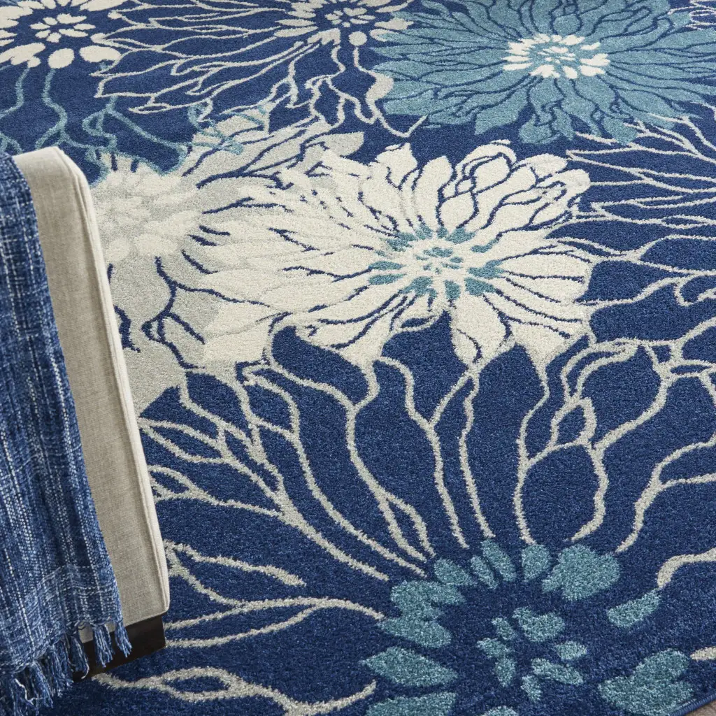7' X 10' Blue And Ivory Floral Power Loom Area Rug - Image 7