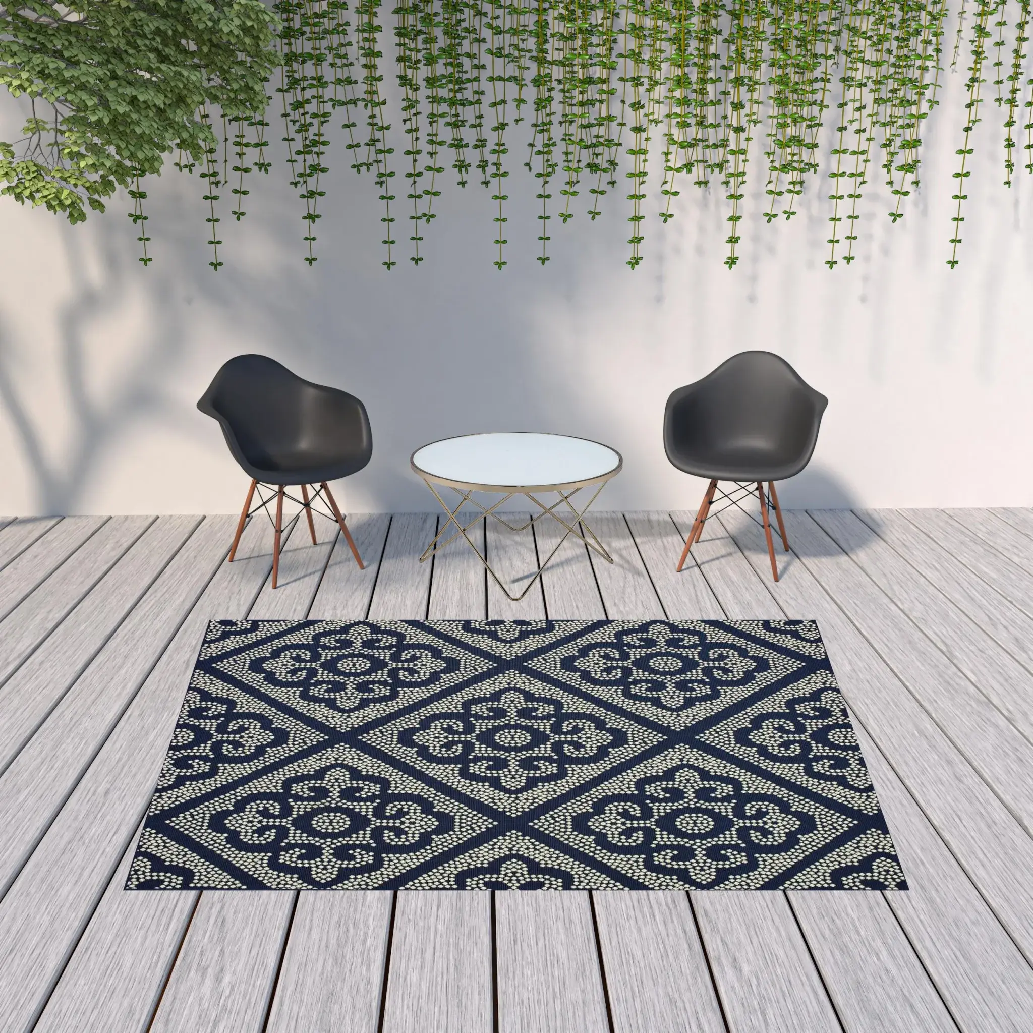 7' X 10' Blue and Ivory Geometric Stain Resistant Indoor Outdoor Area Rug - Image 2