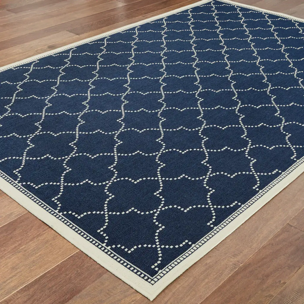 7' X 10' Blue and Ivory Geometric Stain Resistant Indoor Outdoor Area Rug - Image 4