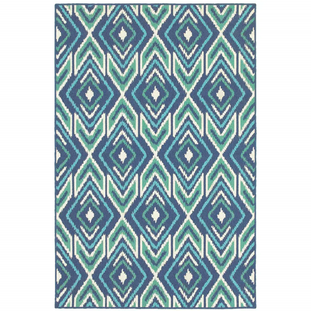 7' X 10' Blue and Ivory Geometric Stain Resistant Indoor Outdoor Area Rug