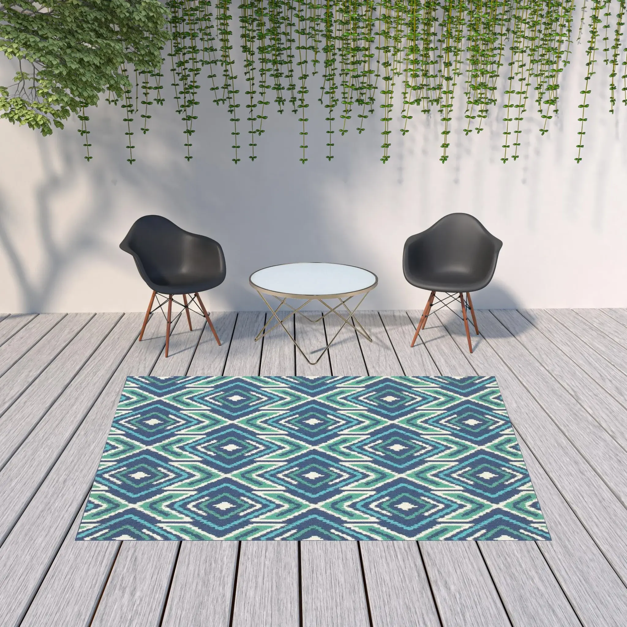 7' X 10' Blue and Ivory Geometric Stain Resistant Indoor Outdoor Area Rug - Image 2