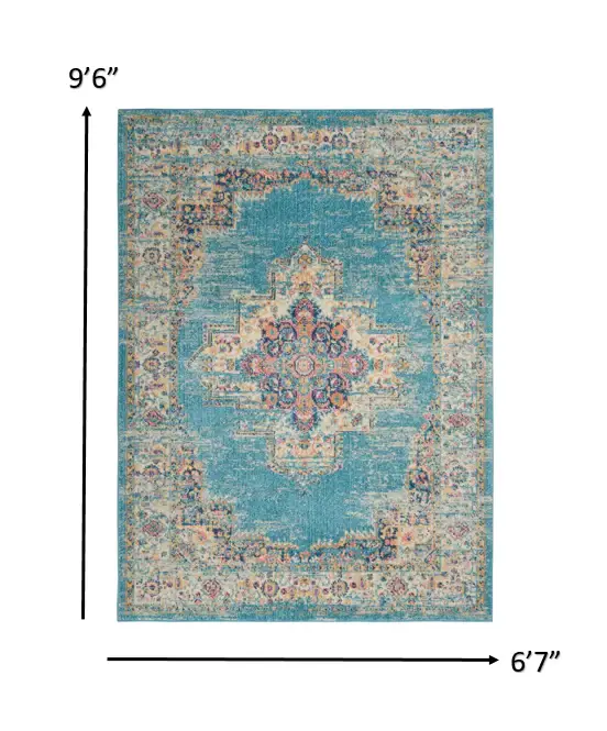 7' X 10' Blue and Ivory Medallion Power Loom Distressed Area Rug - Image 4