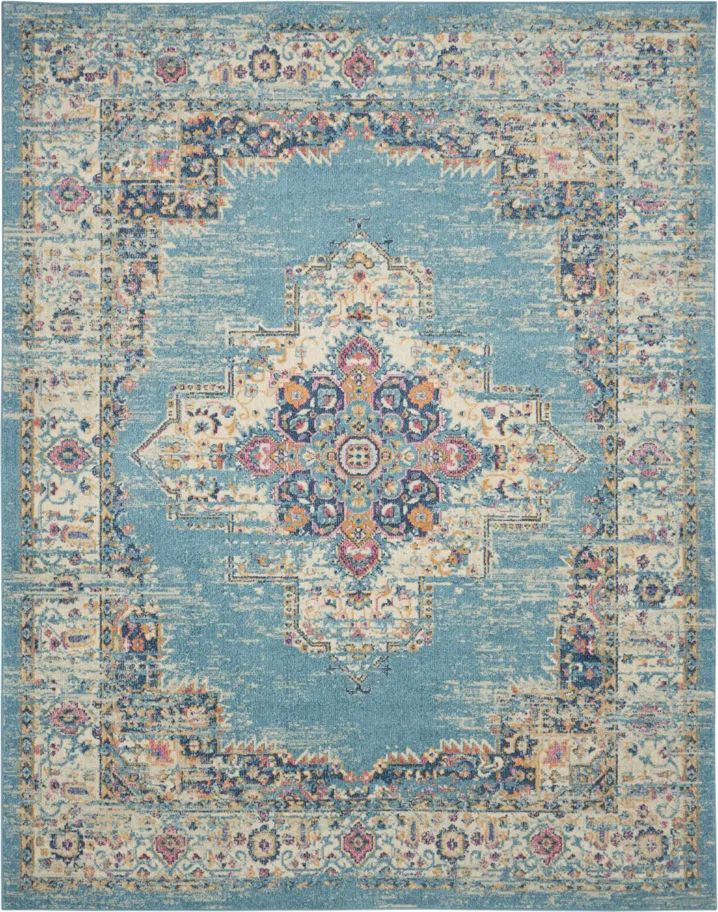 7' X 10' Blue and Ivory Medallion Power Loom Distressed Area Rug - Image 5