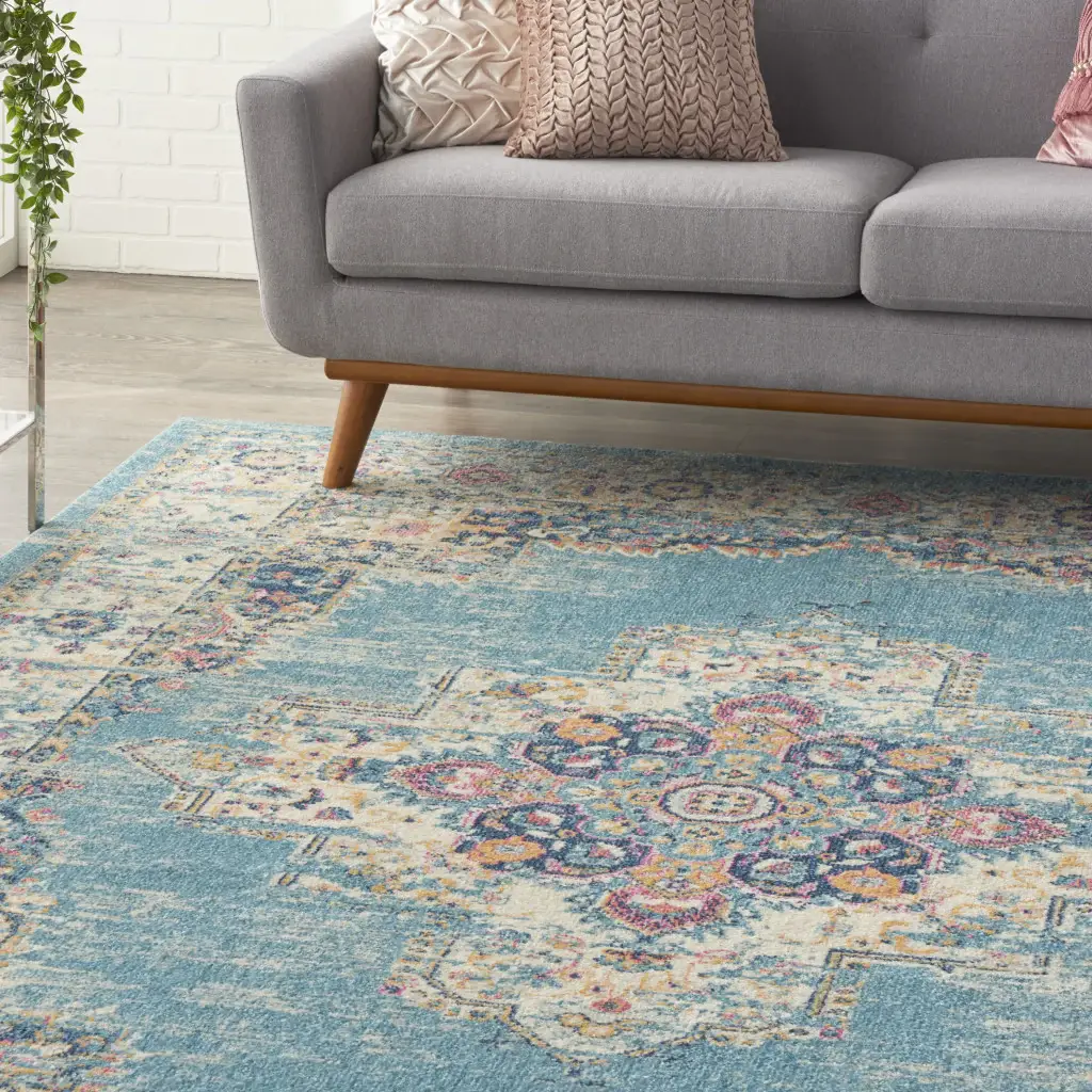 7' X 10' Blue and Ivory Medallion Power Loom Distressed Area Rug - Image 8