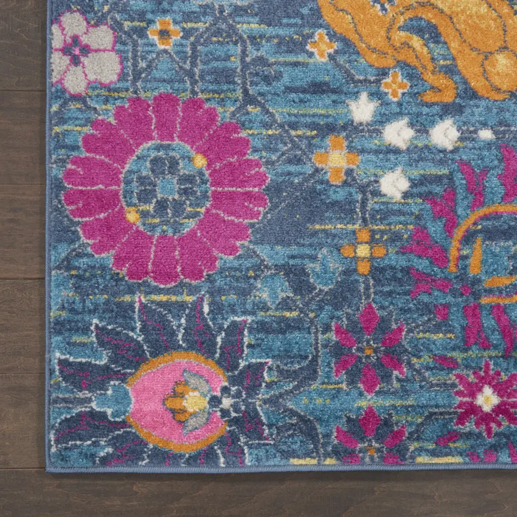 7' X 10' Blue And Orange Floral Power Loom Area Rug - Image 2