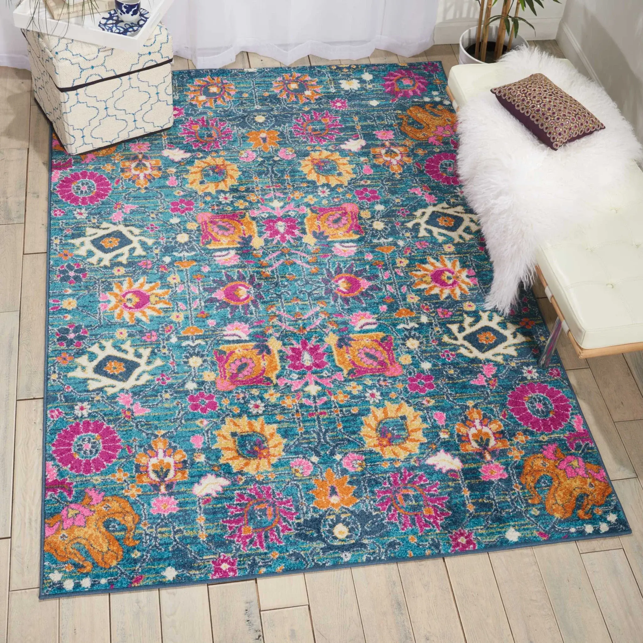 7' X 10' Blue And Orange Floral Power Loom Area Rug - Image 6