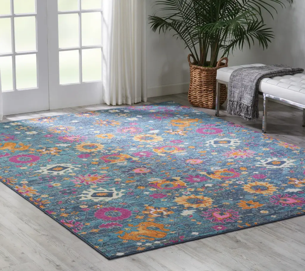 7' X 10' Blue And Orange Floral Power Loom Area Rug - Image 7