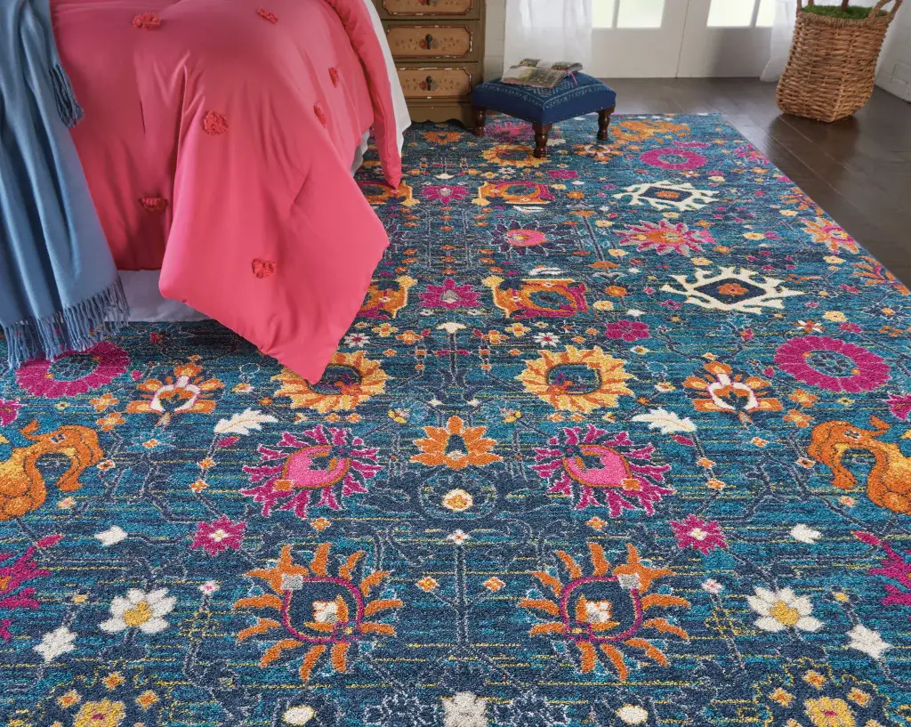 7' X 10' Blue And Orange Floral Power Loom Area Rug - Image 8