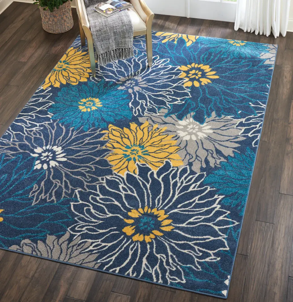 7' X 10' Blue Floral Power Loom Area Rug - Image 9