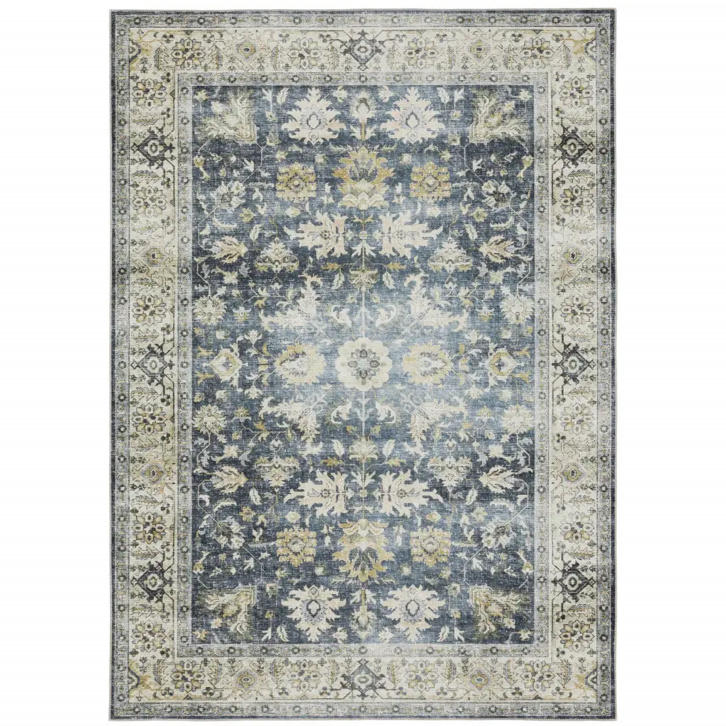 7' X 10' Blue Gold Green And Ivory Oriental Printed Stain Resistant Non Skid Area Rug - Image 2
