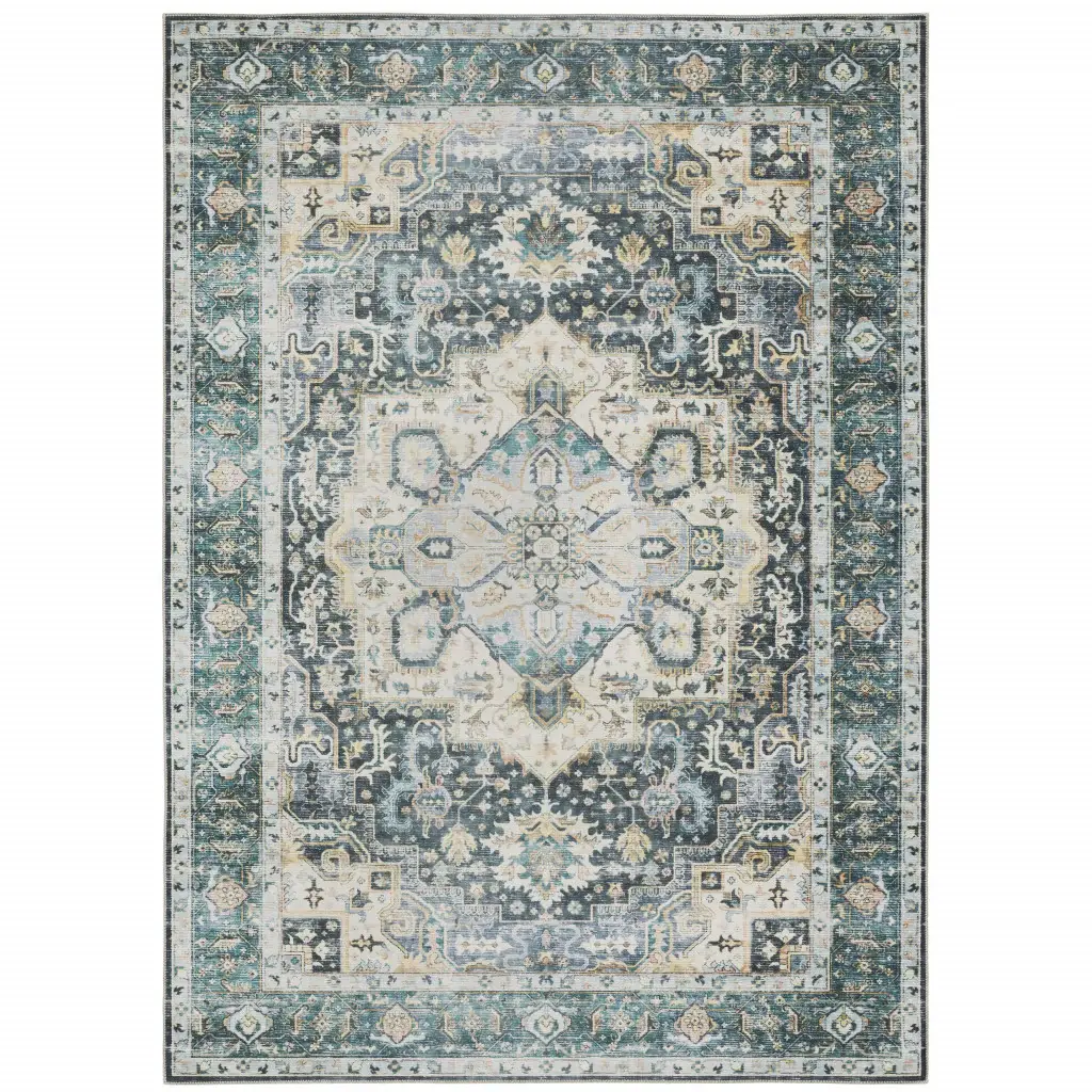 7' X 10' Blue Ivory Teal Brown And Gold Oriental Printed Stain Resistant Non Skid Area Rug - Image 2