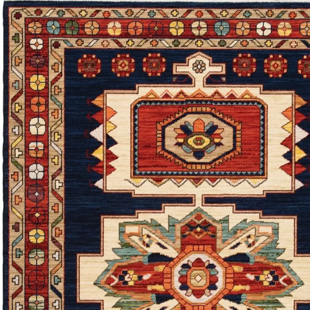 7' X 10' Blue Red Machine Woven Medallions Indoor Area Rug - Image 3