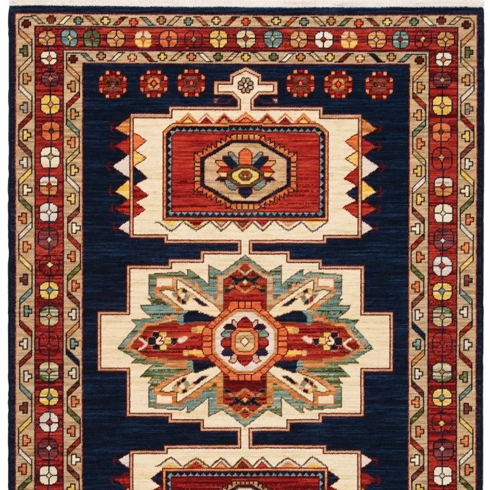 7' X 10' Blue Red Machine Woven Medallions Indoor Area Rug - Image 4