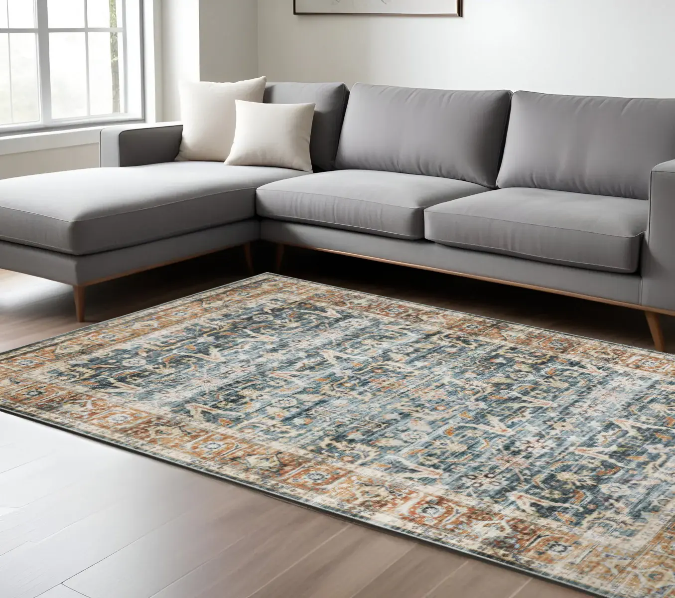 7' X 10' Blue Rust Gold And Olive Oriental Printed Stain Resistant Non Skid Area Rug