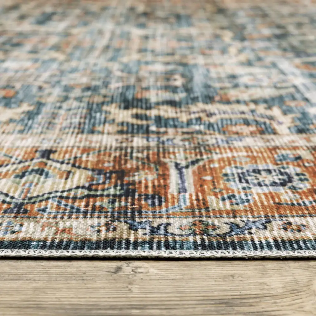 7' X 10' Blue Rust Gold And Olive Oriental Printed Stain Resistant Non Skid Area Rug - Image 4