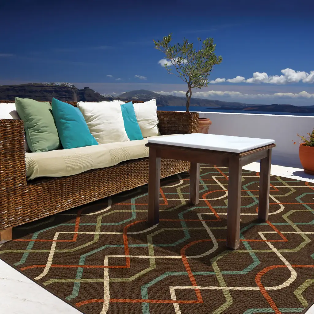 7' X 10' Brown and Ivory Geometric Stain Resistant Indoor Outdoor Area Rug - Image 4