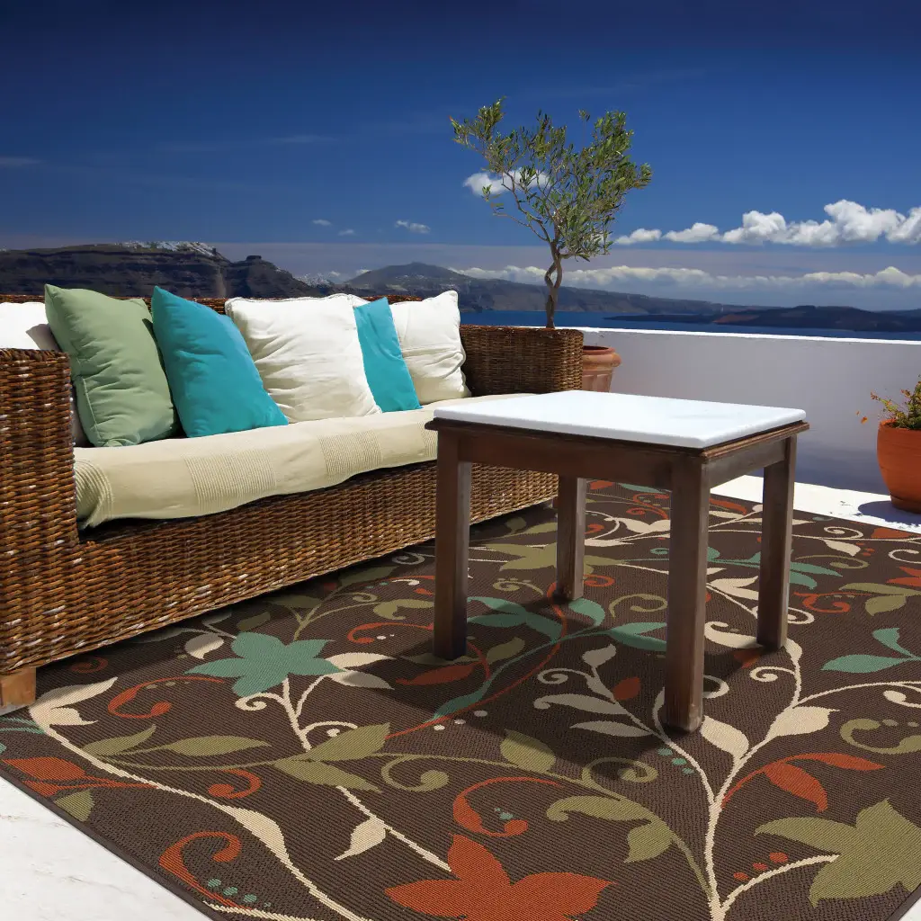7' X 10' Brown Floral Stain Resistant Indoor Outdoor Area Rug - Image 3