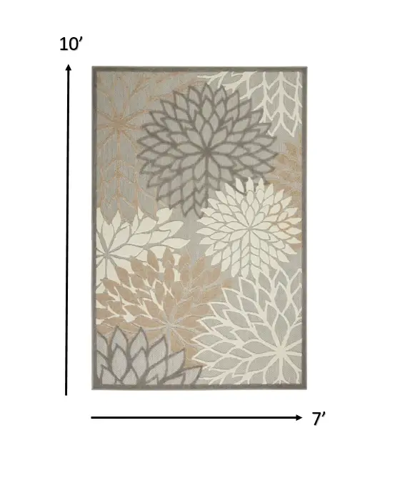 7' X 10' Gray And Ivory Floral Indoor Outdoor Area Rug - Image 3
