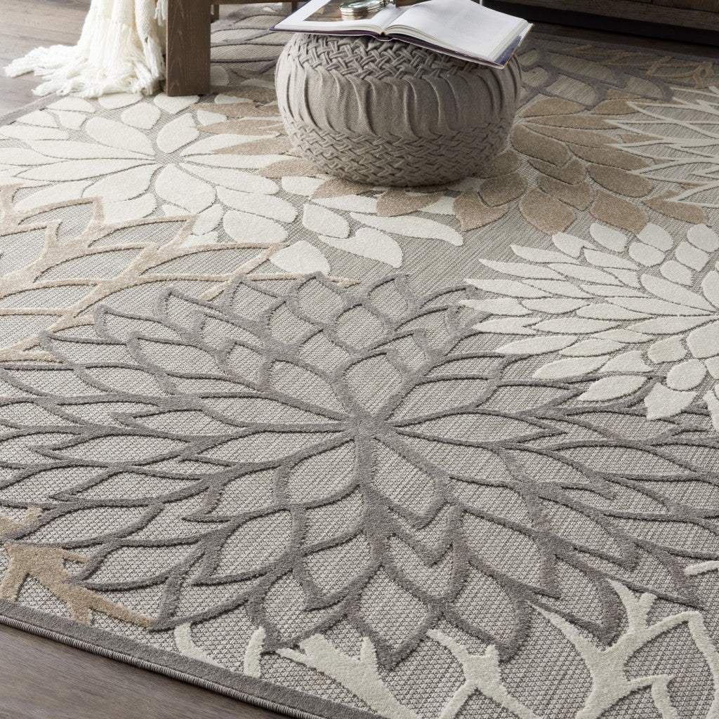 7' X 10' Gray And Ivory Floral Indoor Outdoor Area Rug - Image 5