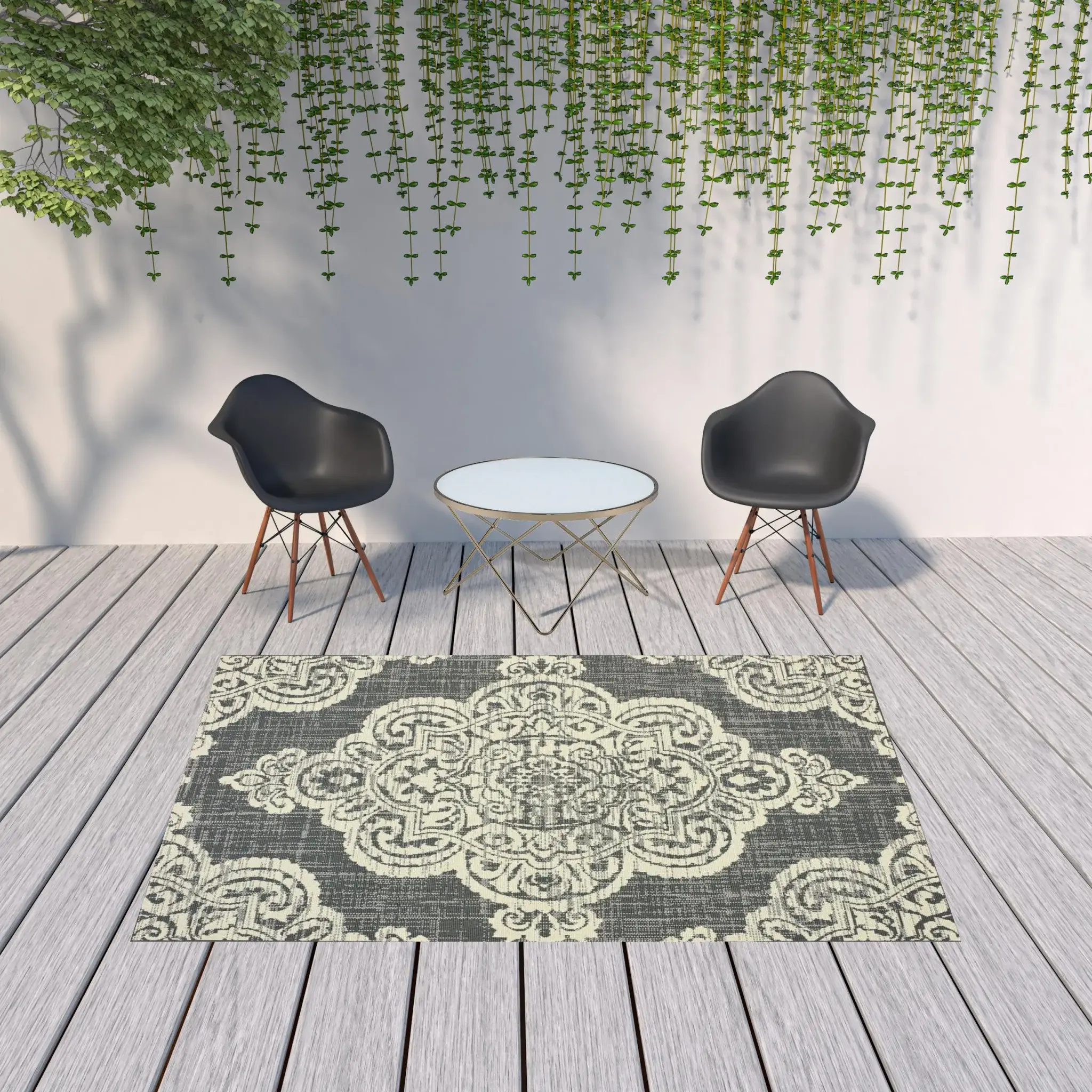 7' X 10' Gray and Ivory Oriental Stain Resistant Indoor Outdoor Area Rug - Image 2