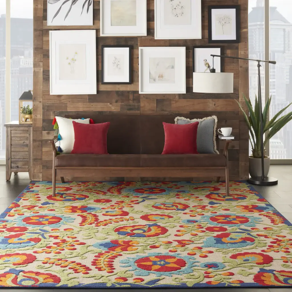 7' X 10' Green And Ivory Floral Indoor Outdoor Area Rug - Image 6