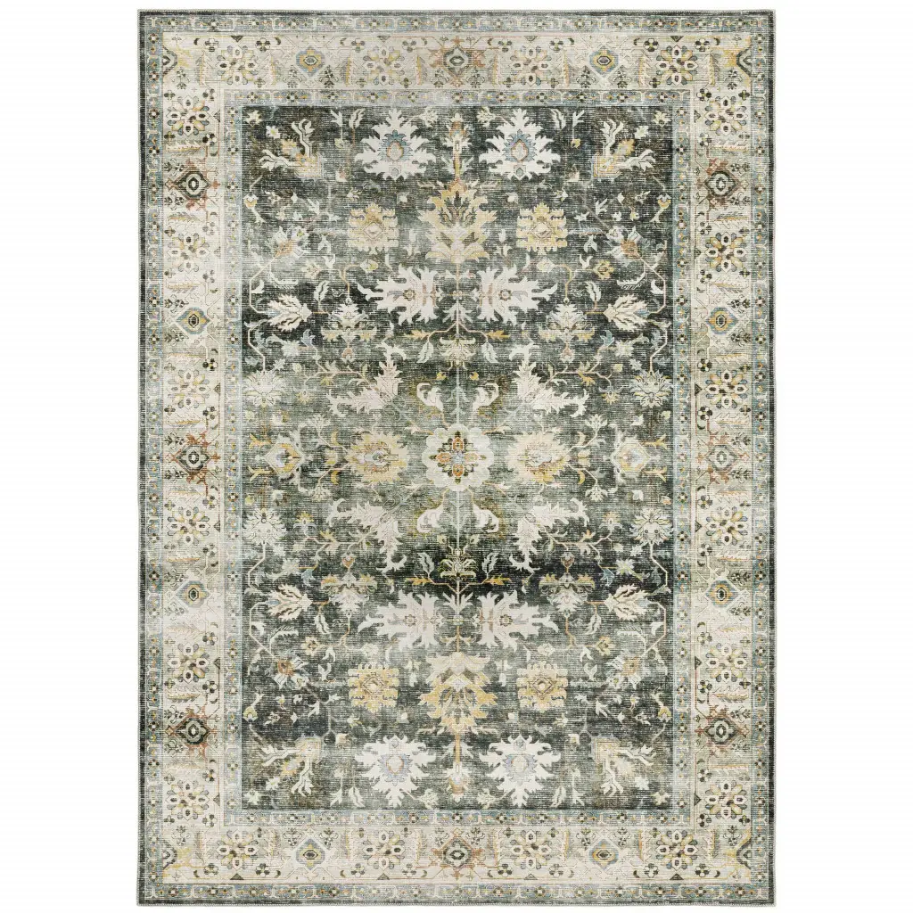 7' X 10' Grey Charcoal Gold Brown Ivory Pale Sage And Light Blue Oriental Printed Stain Resistant Non Skid Area Rug - Image 2