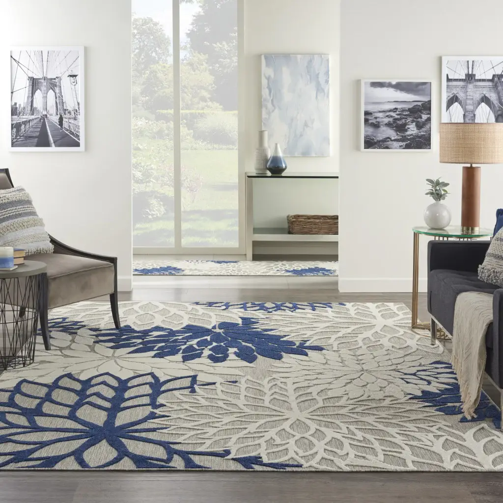 7' X 10' Ivory And Blue Floral Indoor Outdoor Area Rug - Image 2