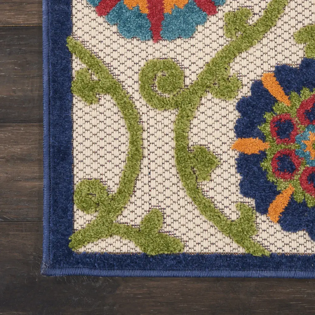7' X 10' Ivory And Blue Floral Indoor Outdoor Area Rug - Image 2