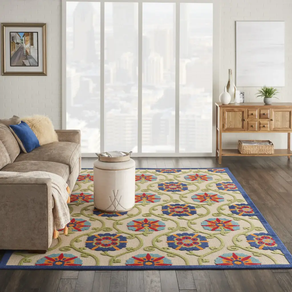 7' X 10' Ivory And Blue Floral Indoor Outdoor Area Rug - Image 6