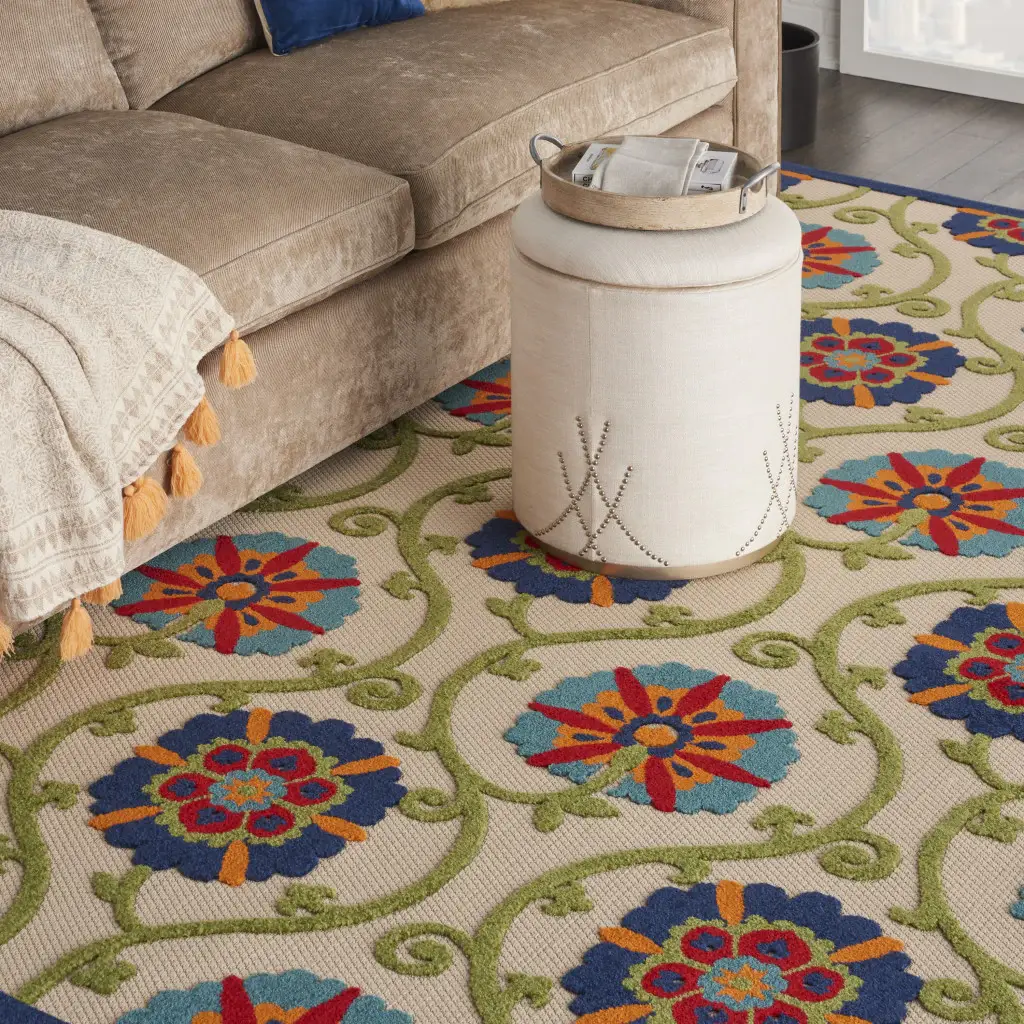 7' X 10' Ivory And Blue Floral Indoor Outdoor Area Rug - Image 7