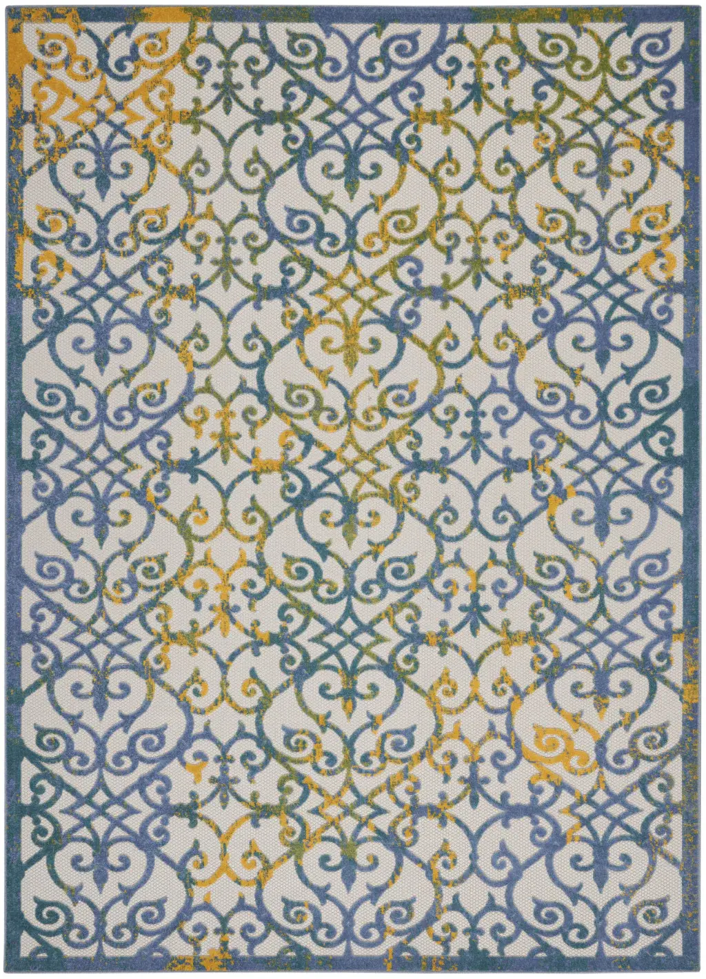 7' X 10' Ivory And Blue Floral Indoor Outdoor Area Rug