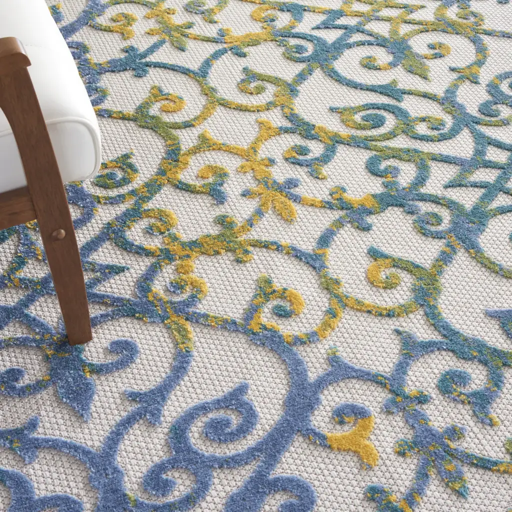 7' X 10' Ivory And Blue Floral Indoor Outdoor Area Rug - Image 7
