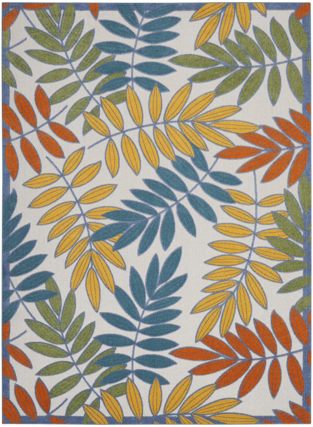 7' X 10' Ivory Teal And Gold Floral Non Skid Indoor Outdoor Area Rug - Image 2